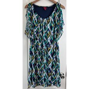 Merona Women's Multicolor Print Knee Length Dress Tie Belt Polyester Size L